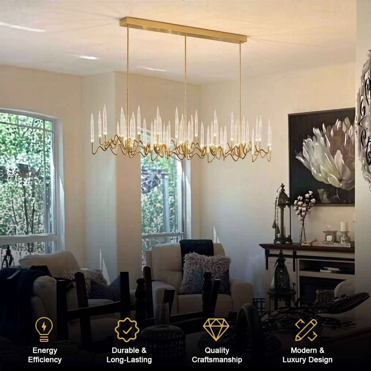 Gold candelabra chandelier over a kitchen island with warm ambient lighting