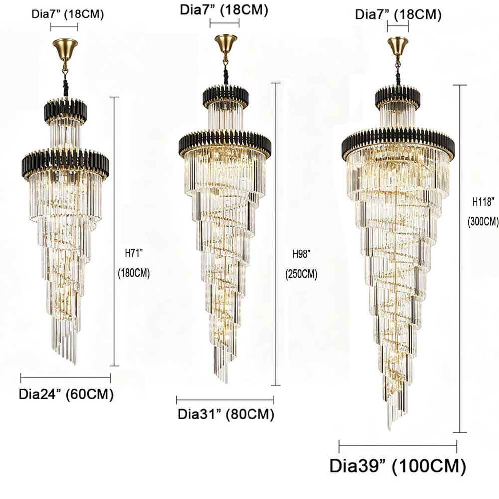 Large Spiral Crystal Chandelier for High Ceilings, black gold tiered raindrop crystal pendant light for foyer staircase double-height living room