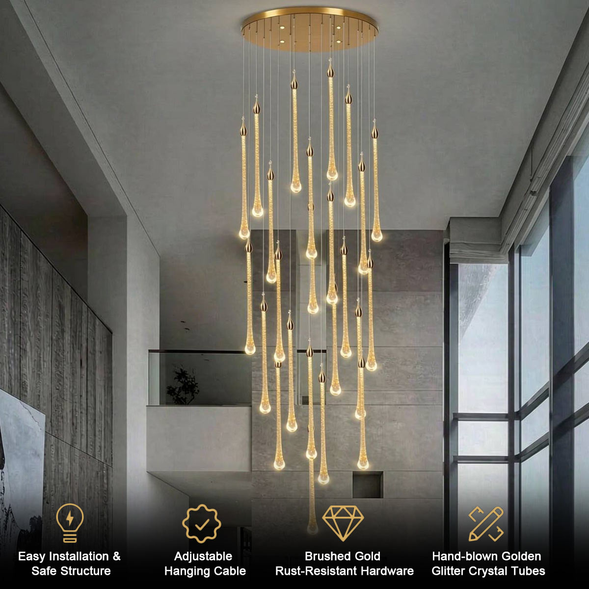 Modern high ceiling teardrop chandelier with hand-blown golden glitter crystal tubes and brushed gold canopy