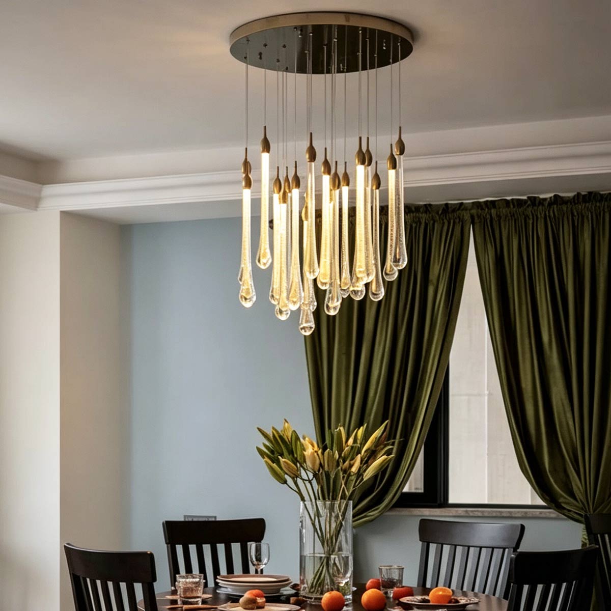 Cluster arrangement of teardrop crystal pendant lights installed over luxury round dining room table