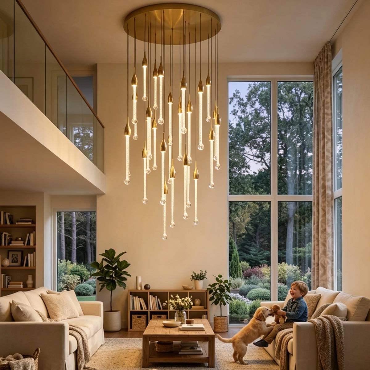 Luxury cascading crystal chandelier installed in double-height living room with tall panoramic windows