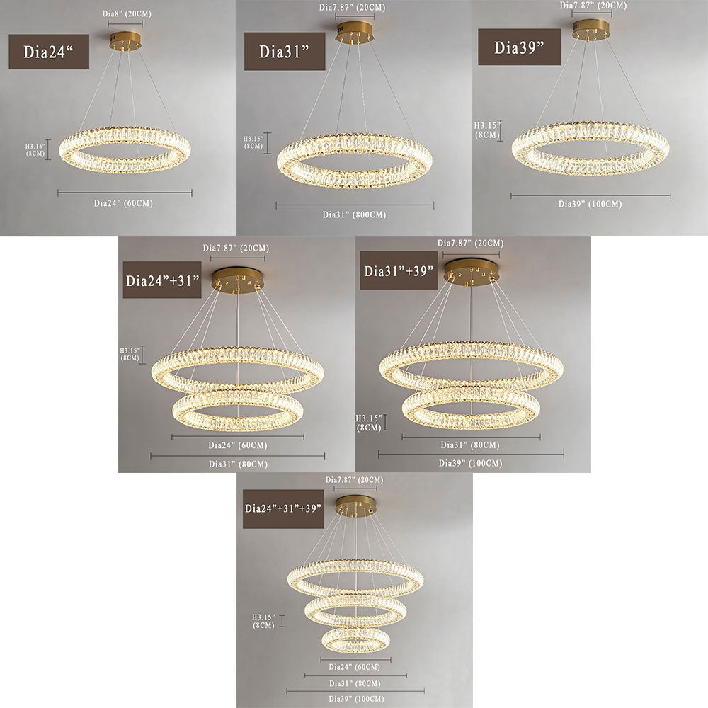 Luxury Round Crystal Ring Chandelier size chart, single double triple tier circular crystal pendant light, 24in 31in 39in ring options, brass canopy dimension reference.