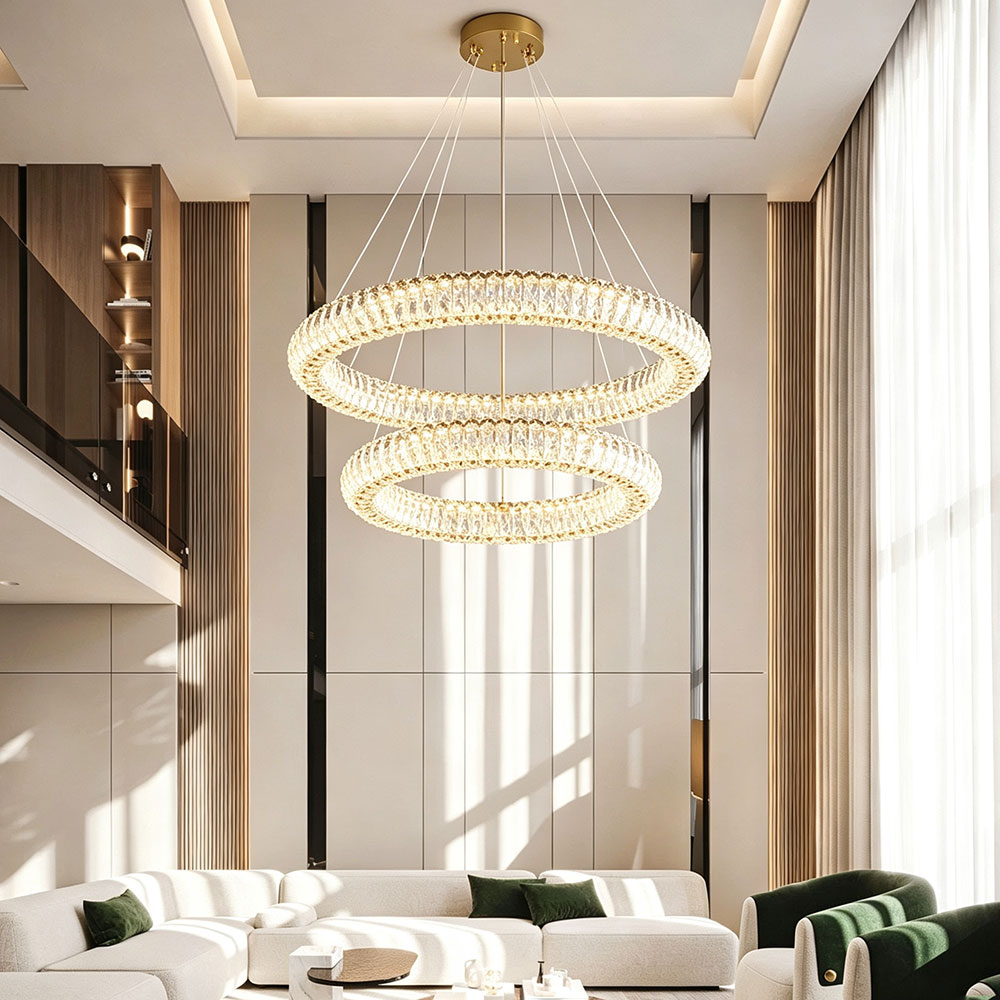 Luxury Round Crystal Ring Chandelier, double tier circular crystal pendant light for high ceiling living room, modern quiet luxury villa loft lighting, polished brass ceiling canopy ring chandelier.