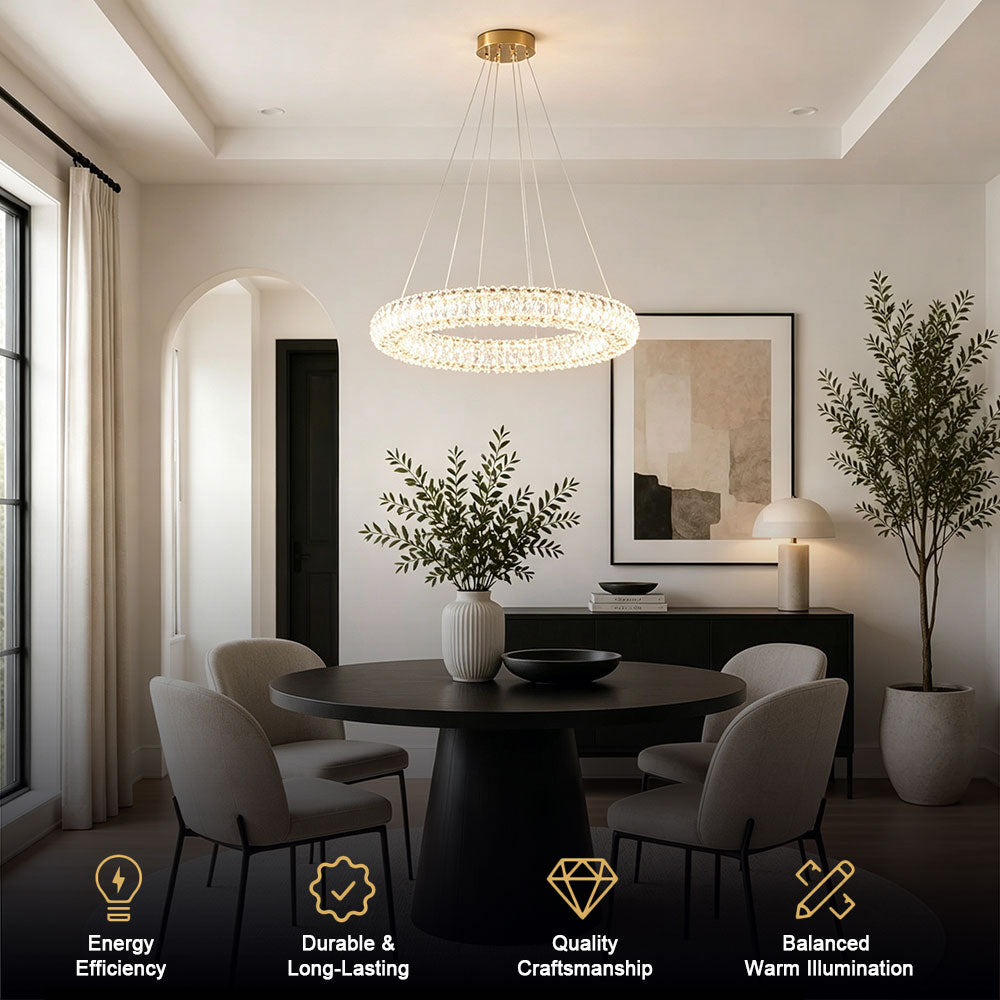 Circular Crystal Ring Chandelier, gold frame single ring LED crystal pendant light, modern quiet luxury circular chandelier with sparkling crystal, decorative ceiling lighting for minimalist neutral tone dining room.