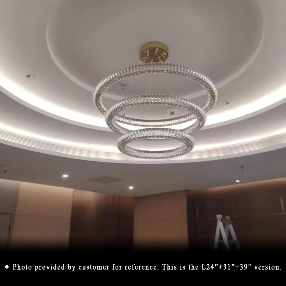 Luxury Round Crystal Ring Chandelier customer installation photo, 24in+31in+39in triple tier circular crystal pendant light, real indoor ceiling mounted effect, modern luxury high ceiling lighting.