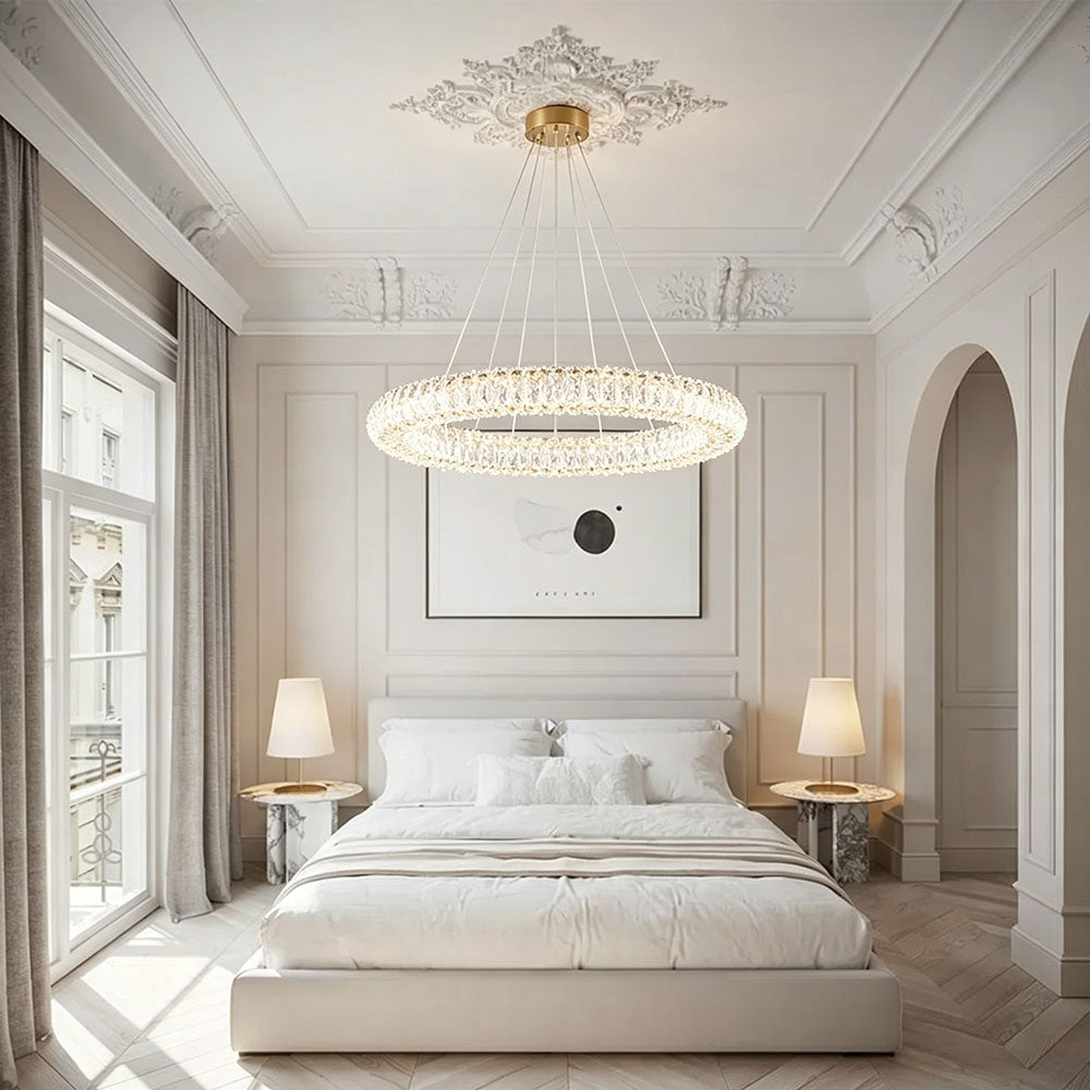 Luxury Round Crystal Ring Chandelier, single tier circular crystal pendant light for bedroom, modern luxury indoor lighting, brass ceiling canopy crystal ring chandelier for primary bedroom.