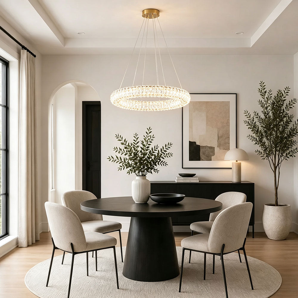 Luxury Round Crystal Ring Chandelier, single tier circular crystal pendant light for dining room, modern luxury home lighting, brass ceiling mount ring chandelier above round dining table.