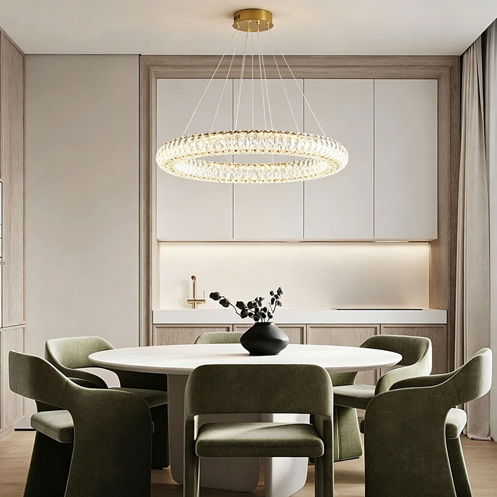 Luxury Round Crystal Ring Chandelier, single circular crystal pendant light over dining table, modern quiet luxury dining room lighting, brass ceiling mount crystal ring fixture.