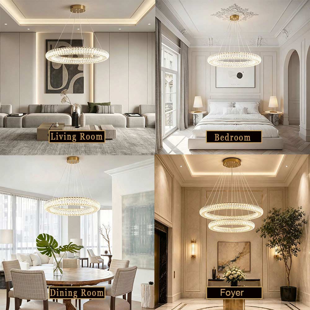 Luxury Round Crystal Ring Chandelier, circular crystal pendant light shown in living room, bedroom, dining room and kitchen, modern luxury indoor lighting.