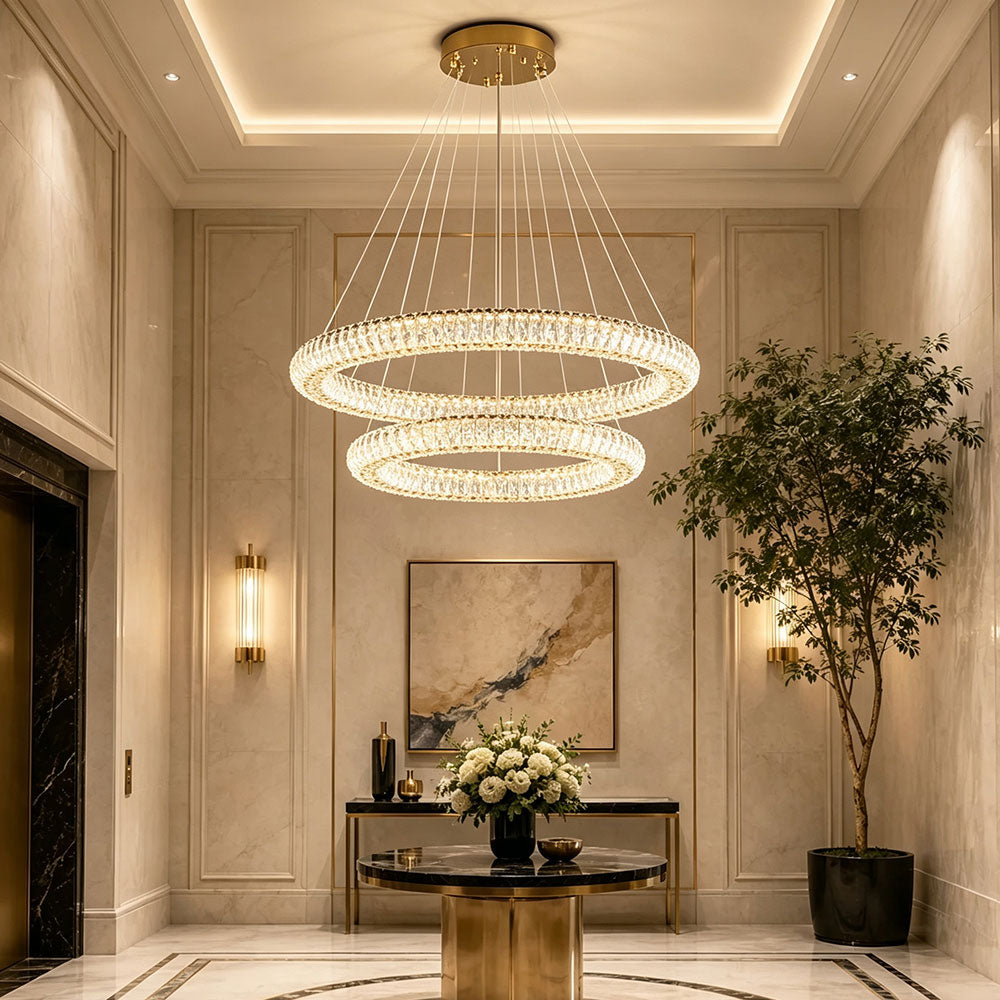 Luxury Round Crystal Ring Chandelier, double tier circular crystal pendant light for entryway foyer, modern luxury villa hallway lighting, polished brass ceiling canopy crystal ring chandelier.