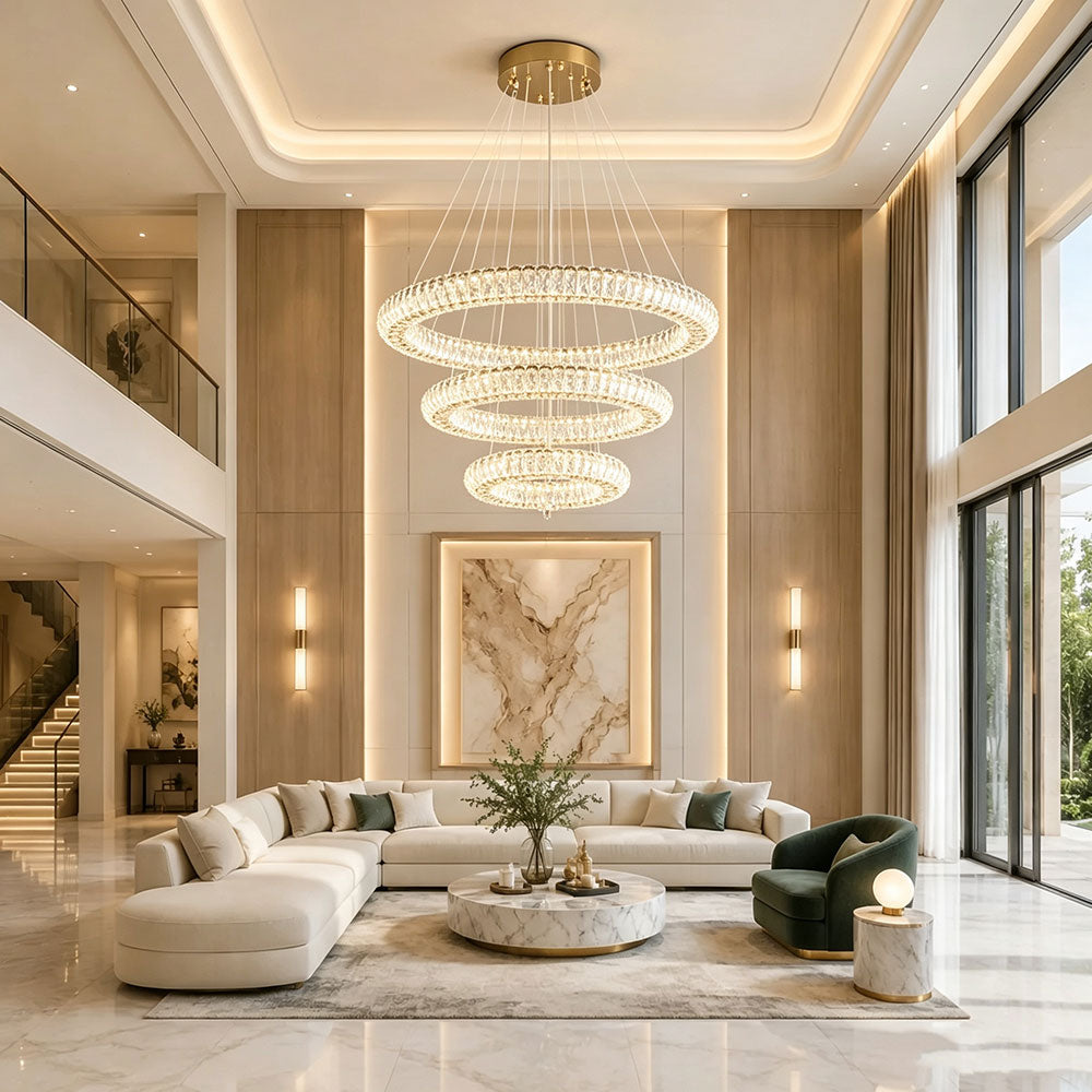 Luxury Round Crystal Ring Chandelier 3 tier circular crystal pendant light brass ceiling canopy modern luxury lighting for villa high ceiling living room.