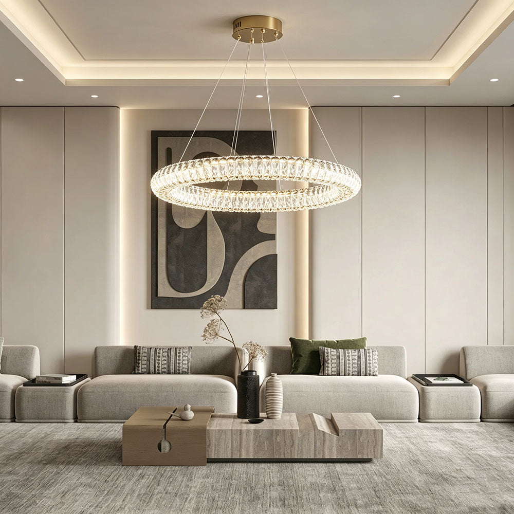 Luxury Round Crystal Ring Chandelier, single tier circular crystal pendant light for living room, modern luxury residential ceiling lighting, brass canopy ring crystal chandelier above sofa.