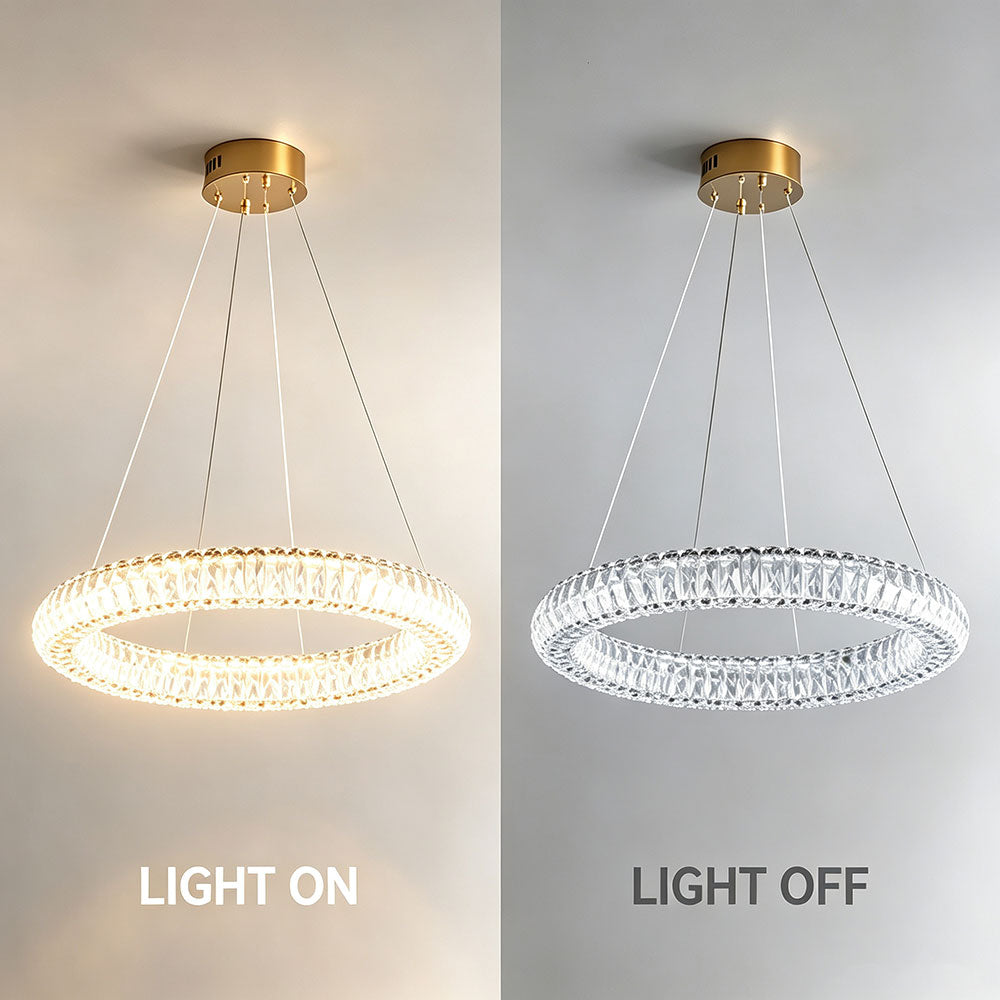 Luxury Round Crystal Ring Chandelier, circular crystal pendant light light on and light off comparison, polished brass canopy, clear crystal ring modern luxury lighting.