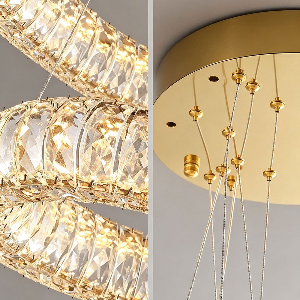Luxury Round Crystal Ring Chandelier close-up view, precision-cut crystal facets, polished brass ceiling canopy, adjustable suspension cables, modern luxury crystal pendant light details.