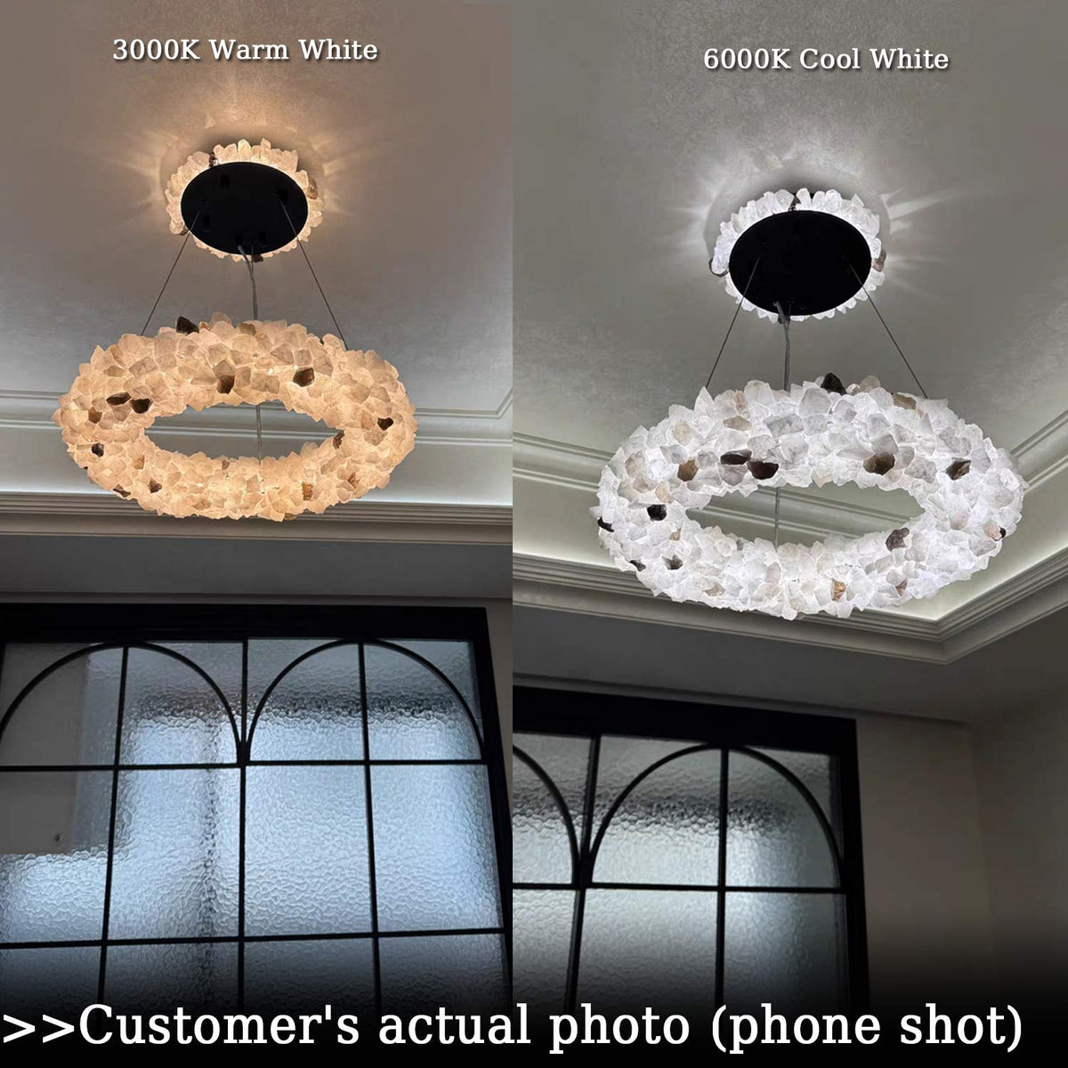 Crystal ring chandelier lighting effect in a contemporary room
