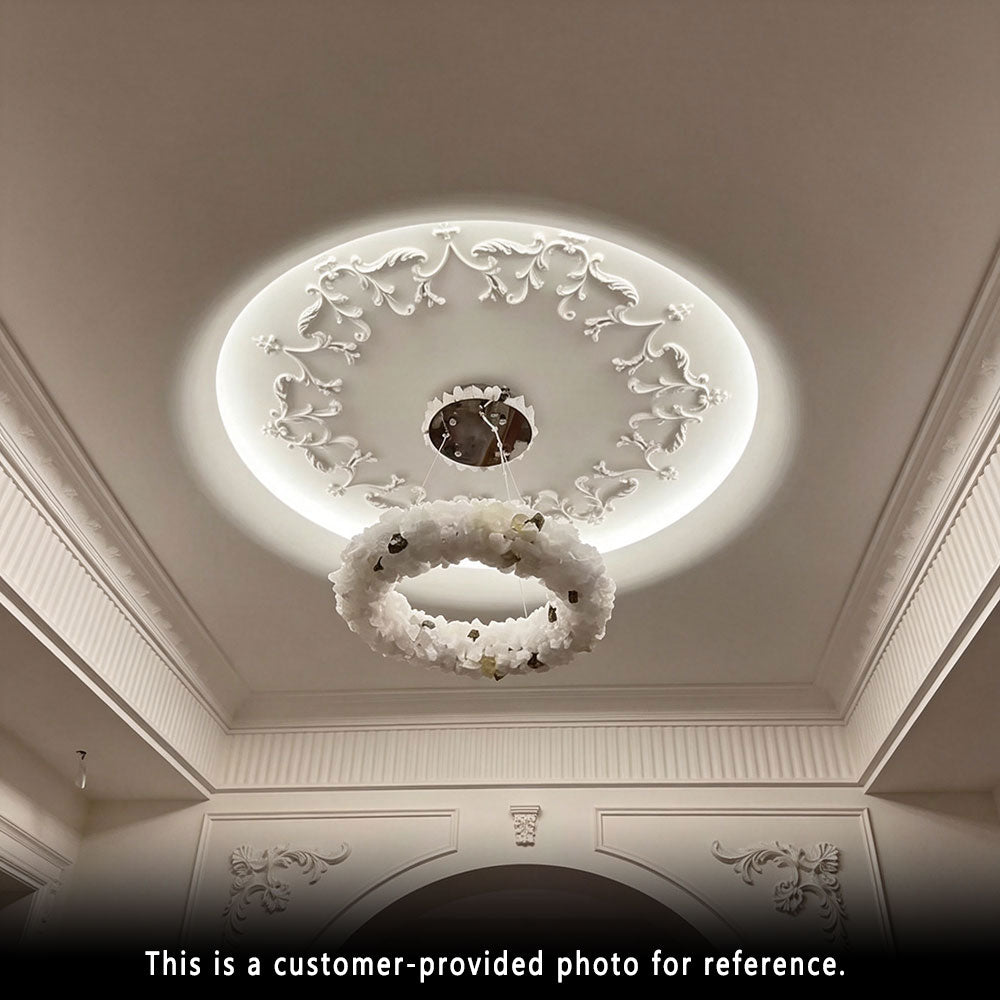 Luxury Round Crystal Ring Chandelier, customer real installation photo, circular natural stone pendant light mounted in elegant living room interior, actual home effect reference.
