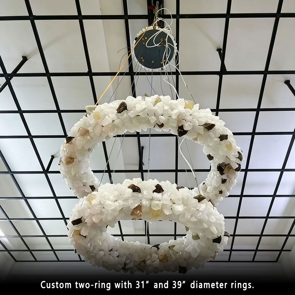 Luxury Round Crystal Ring Chandelier, double circular natural crystal stone pendant light, factory suspension installation shot, modern luxury 2-ring hanging chandelier.