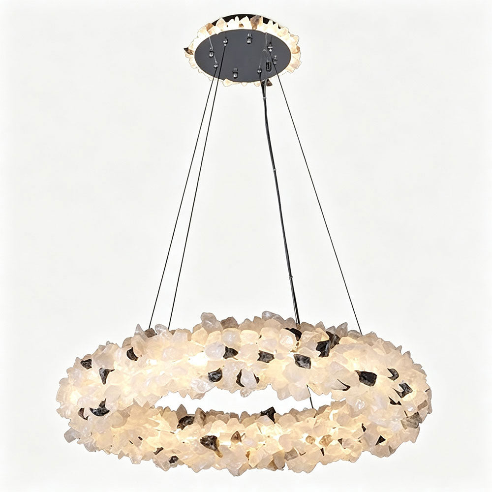 Luxury Round Crystal Ring Chandelier, double-ring natural raw crystal pendant light, warm lit studio product shot, modern luxury circular hanging ceiling lamp.