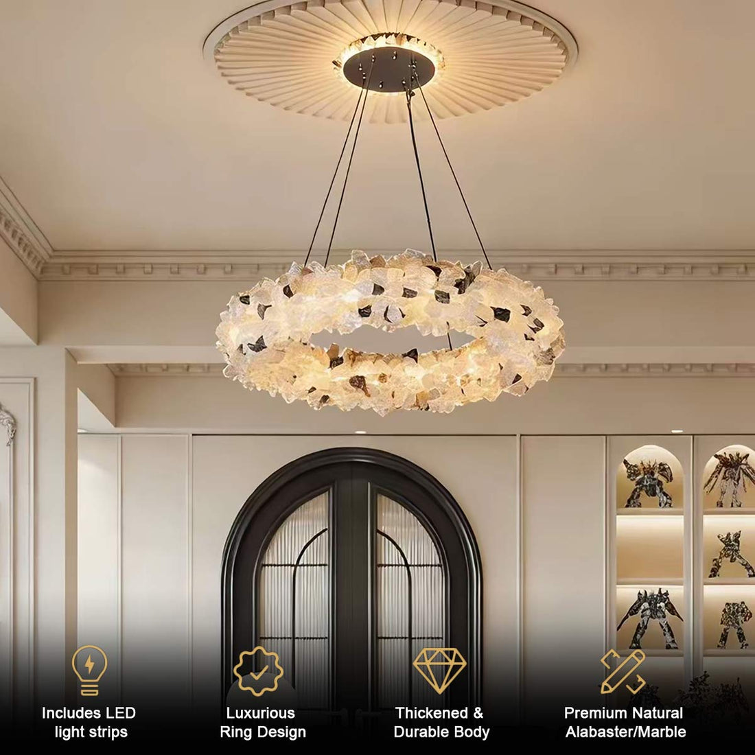Luxury Crystal Ring Chandelier - full view of round crystal ring chandelier in a grand dining room