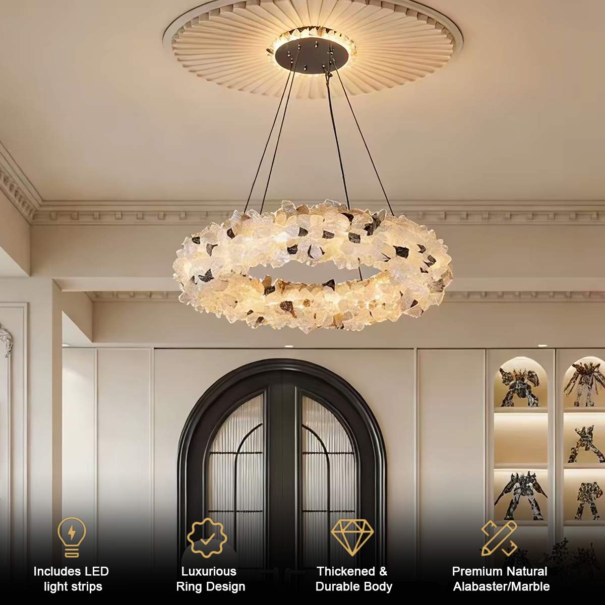Luxury crystal ring chandelier installed in an elegant living room