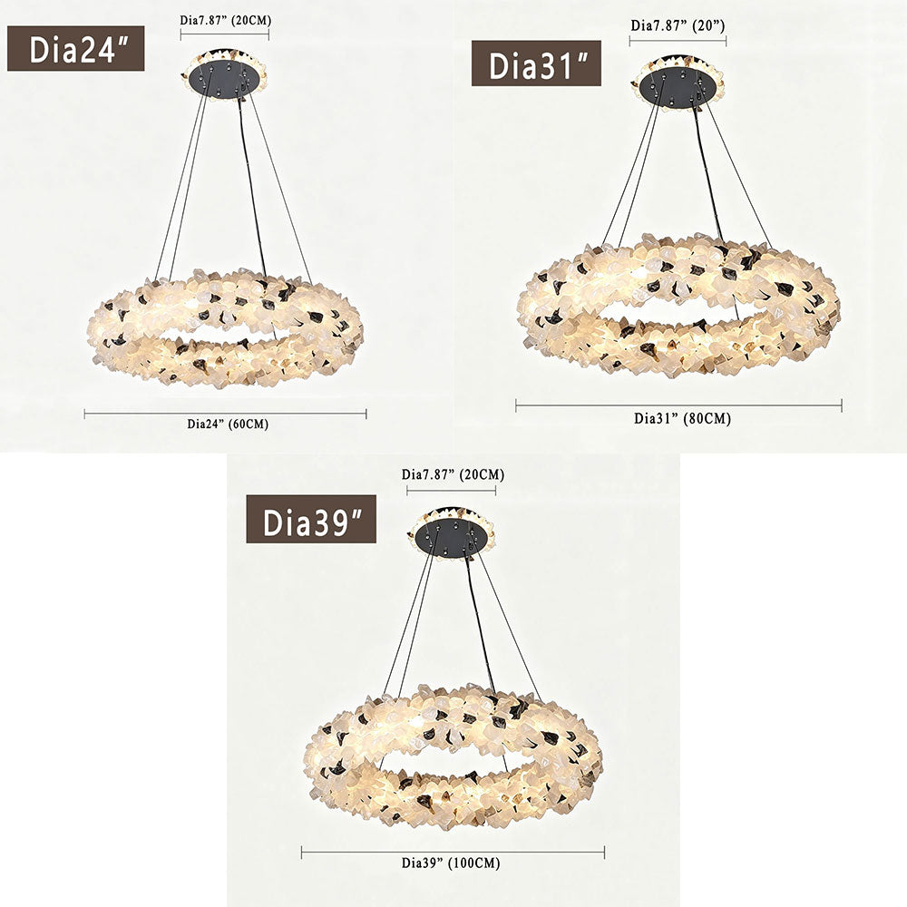 Luxury Round Crystal Ring Chandelier, size chart showing Dia 24", 31", 39" circular natural stone ring pendant light, dimension specification diagram.