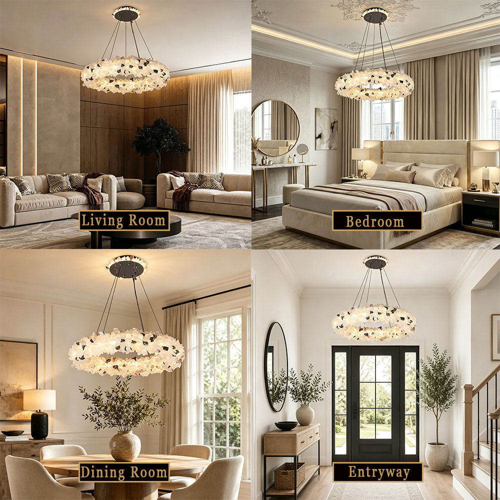 Luxury Round Crystal Ring Chandelier, modern circular hanging pendant light fixture, elegant LED ceiling lamp suitable for living room, bedroom, dining room and entryway home interior decoration.