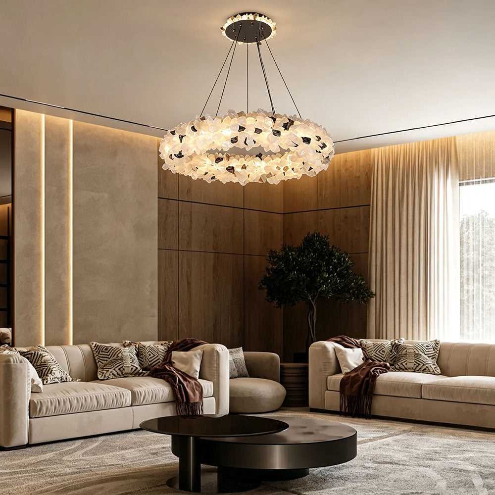 Luxury Round Crystal Ring Chandelier, warm lit interior rendering, modern natural stone ring pendant light installed in contemporary living room, luxury home decor ceiling hanging lamp.