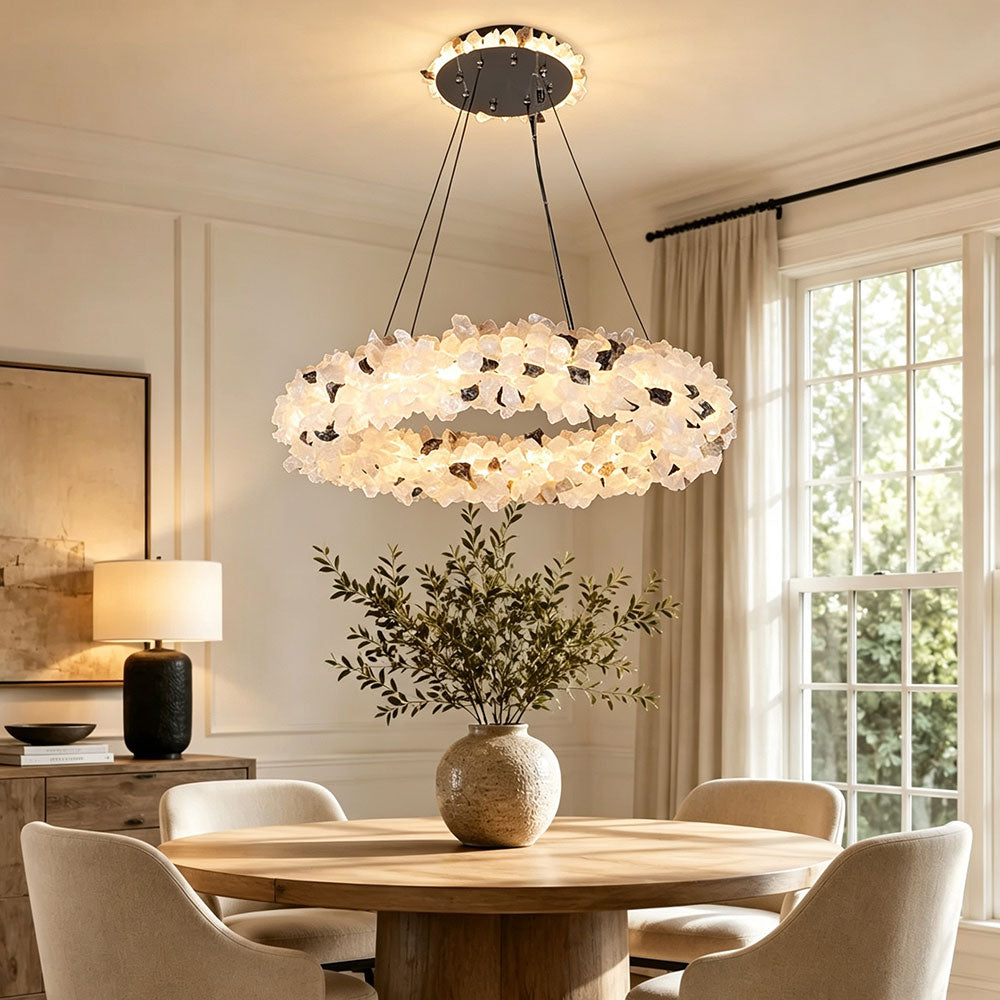 Luxury Crystal Ring Chandelier - full view of round crystal ring chandelier in a grand dining room