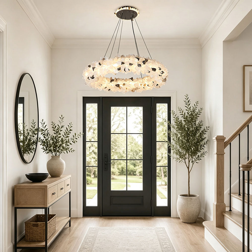 Luxury Crystal Ring Chandelier - quartz stone ring chandelier in a high-ceiling foyer entryway