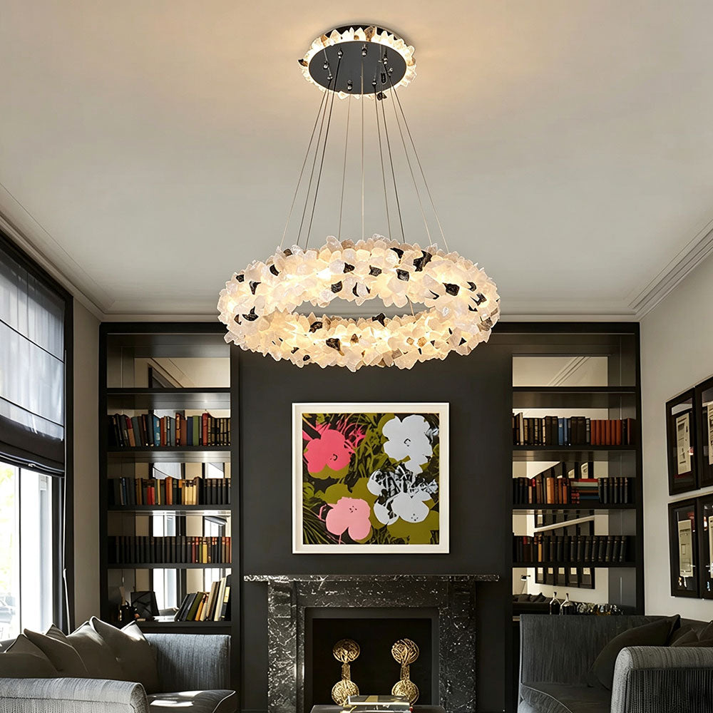 Luxury Round Crystal Ring Chandelier, natural stone circular pendant light hanging in stylish study lounge, modern luxury ceiling lamp for contemporary living space interior decor.