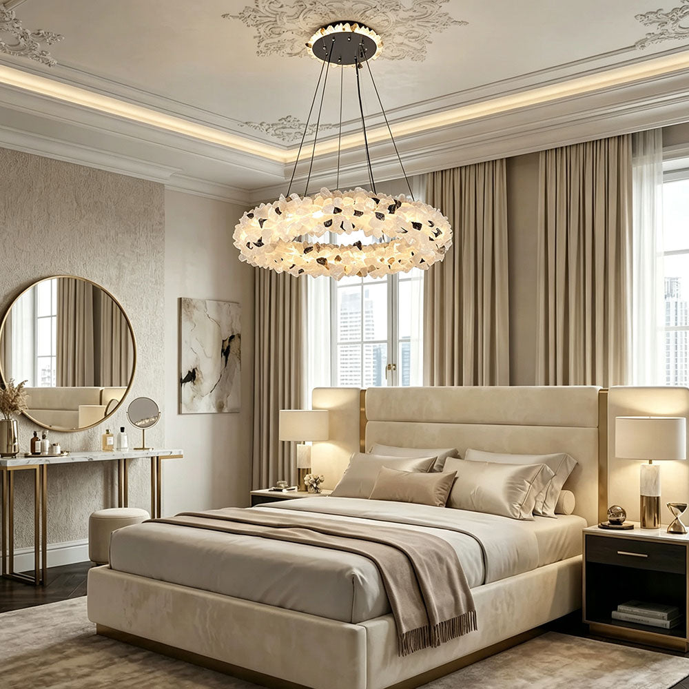 Luxury Round Crystal Ring Chandelier, warm glowing natural stone pendant light installed in modern luxury bedroom, elegant home interior decoration hanging lamp.