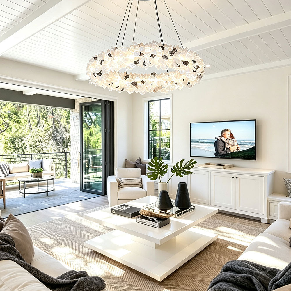 Luxury Round Crystal Ring Chandelier, natural quartz stone ring pendant light hanging in bright modern farmhouse living room, large open concept home interior lighting decor.