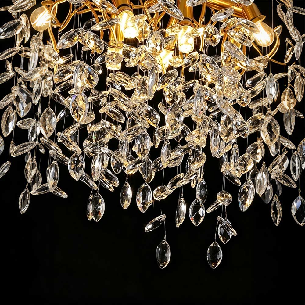Close-up overhead view of Luxury Gold Branch Crystal Chandelier, densely arranged clear crystal leaf ornaments on gold branch structure, sparkling crystal chandelier detail