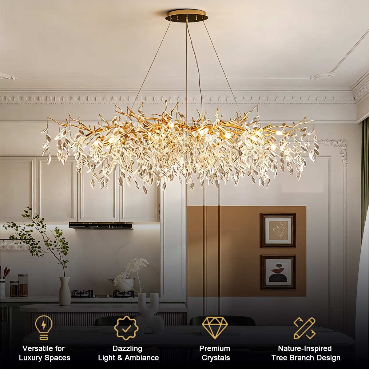 Luxury Gold Branch Crystal Chandelier hanging in modern interior with warm wall lighting background, gold branch crystal pendant light, real installation photo