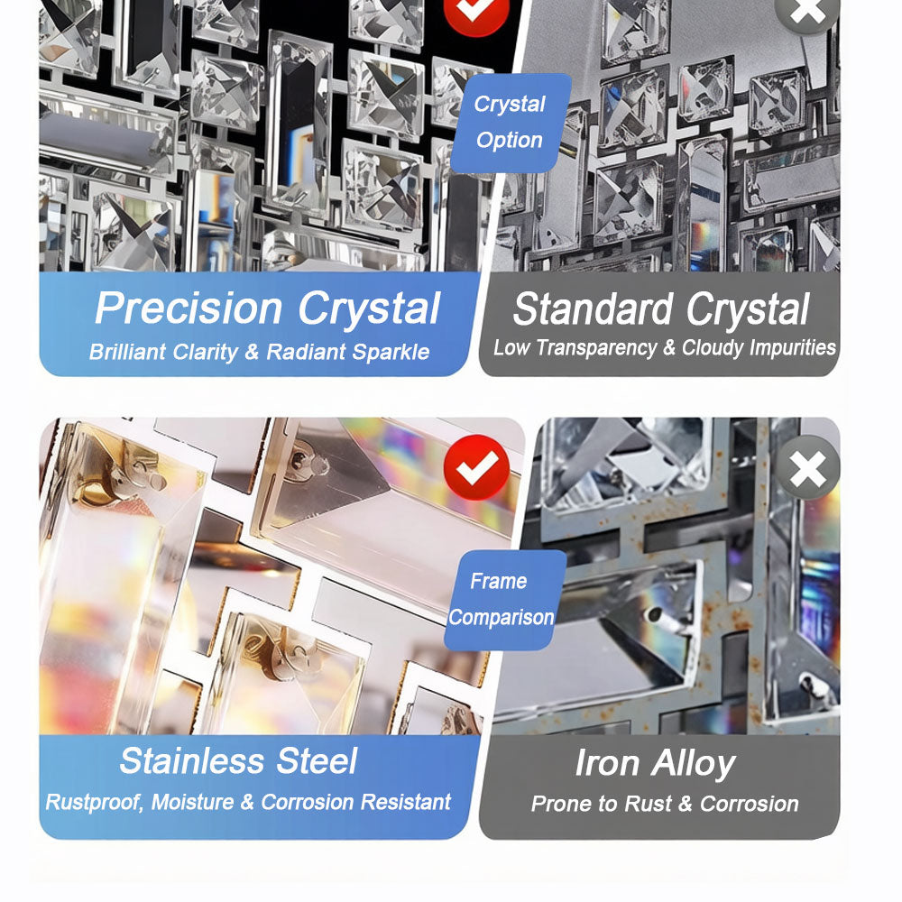Luxury Linear Crystal Chandelier crystal material comparison chart, showing standard crystal options side by side, chrome frame rectangular chandelier product display