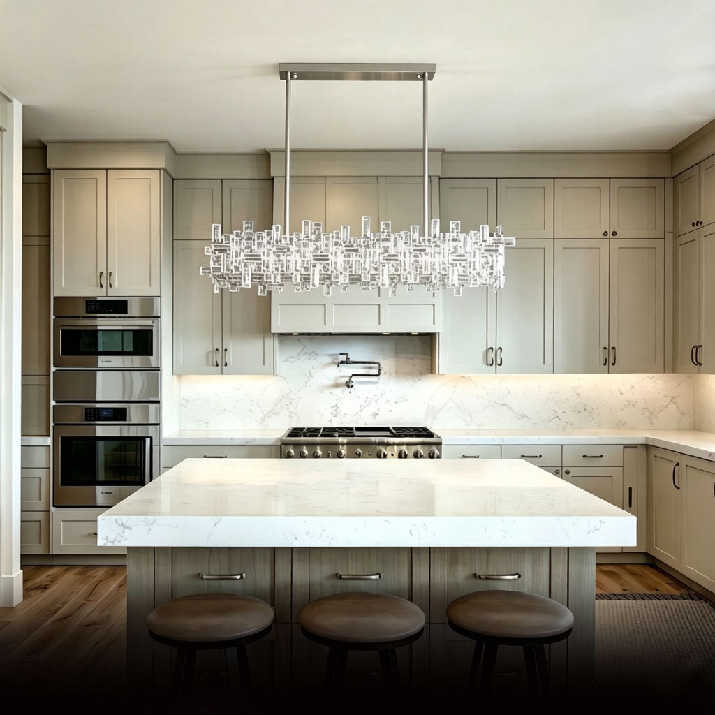 Luxury Linear Crystal Chandelier L39 inch (100CM) size diagram, 90W, white background product photo with dimension annotations, chrome finish with layered rectangular crystal prisms