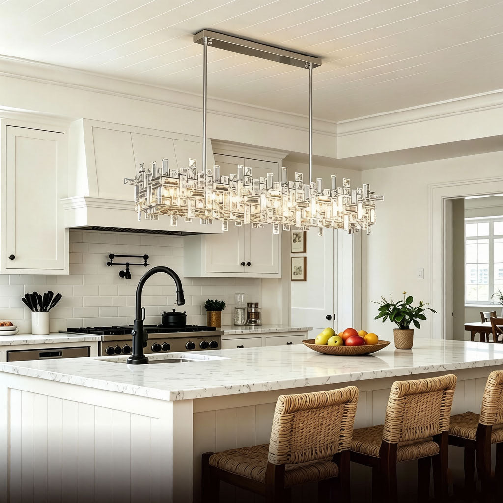 Luxury Linear Crystal Chandelier L47 inch (120CM) size diagram, 108W, white background product photo with dimension annotations, chrome finish with layered rectangular crystal prisms