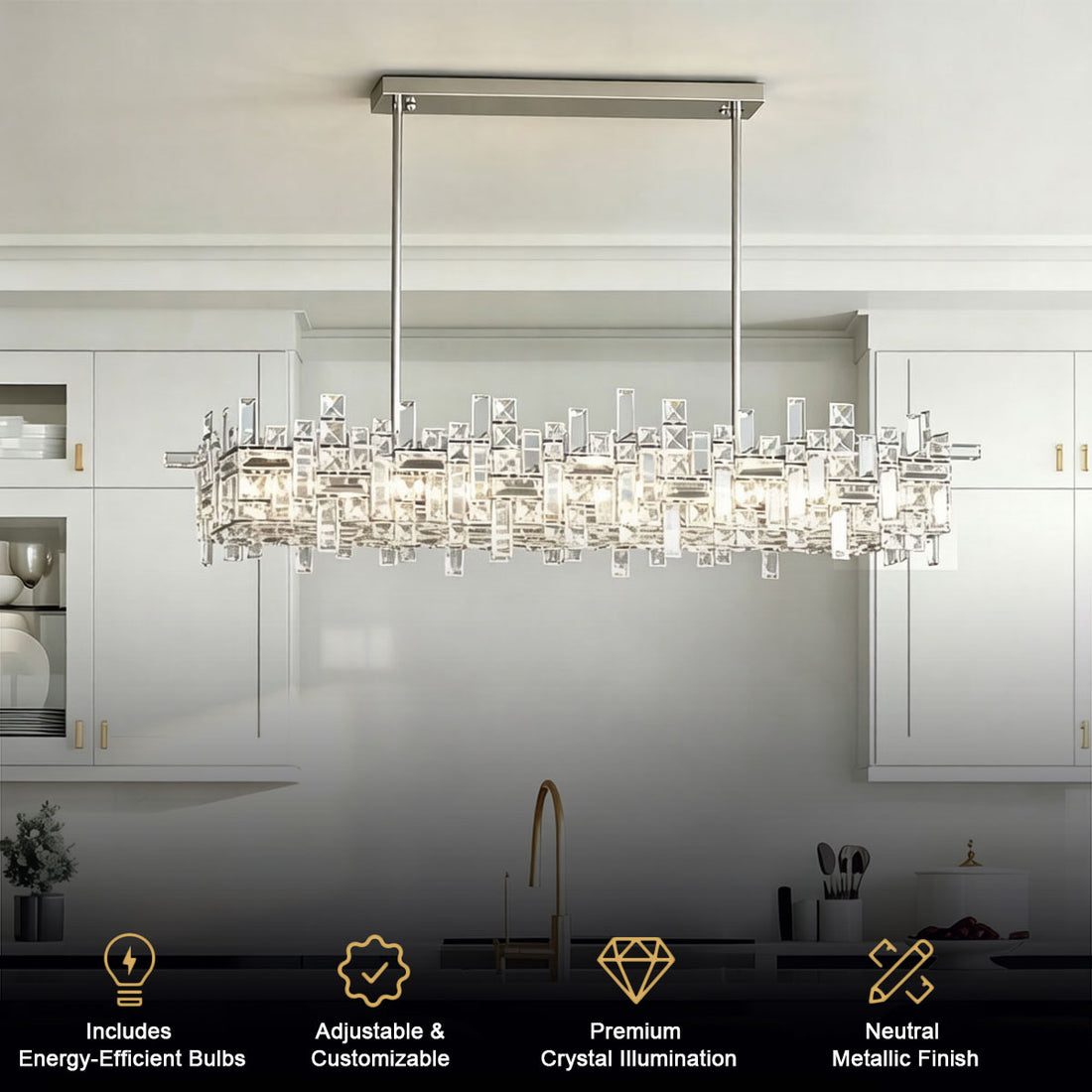 Luxury Linear Crystal Chandelier installed above marble kitchen island in elegant dining room, warm ambient glow, chrome rectangular frame with layered clear crystal prisms