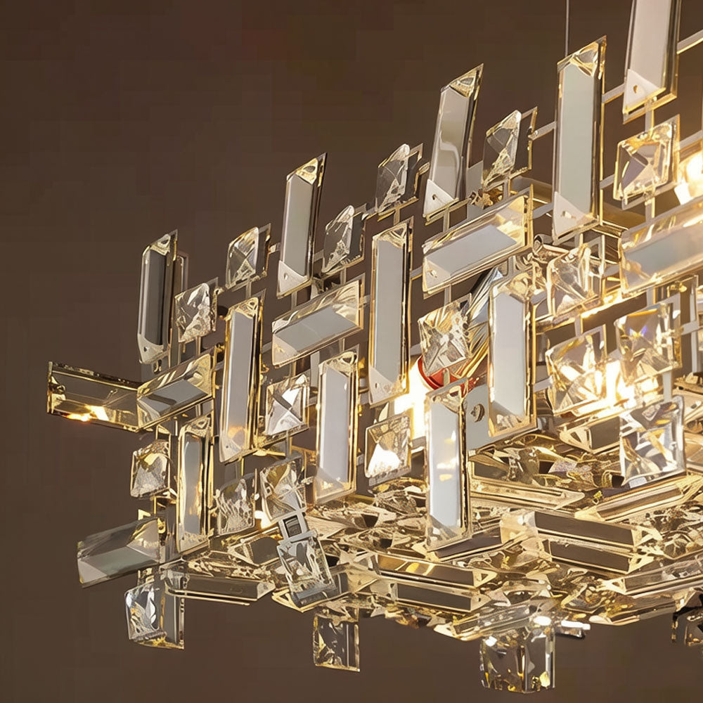 Close-up detail of Luxury Linear Crystal Chandelier, polished chrome metal frame with precision-cut layered rectangular crystal prisms, luxury pendant light fixture detail shot