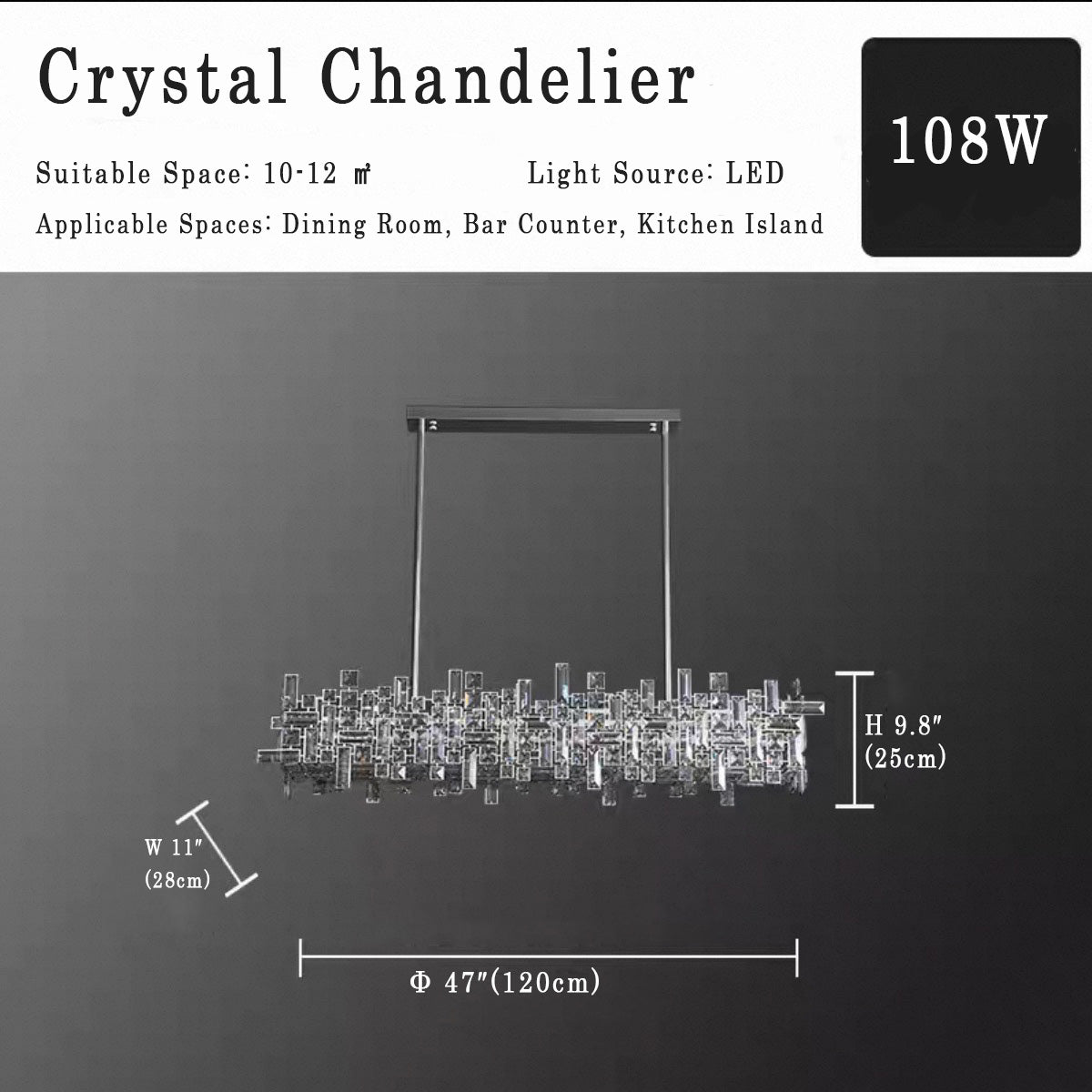 Luxury Linear Crystal Chandelier L47 inch (120CM) variant product photo, white background, chrome rectangular frame with layered clear crystal prisms, kitchen island pendant light