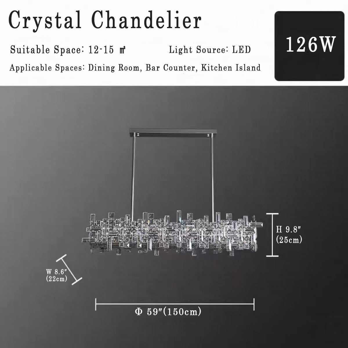 Luxury Linear Crystal Chandelier L55 inch (150CM) size diagram, 126W, white background product photo with dimension annotations, chrome finish with layered rectangular crystal prisms