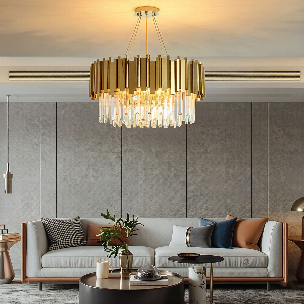 Luxury Modern Metal Crystal Chandelier - gold finish geometric crystal chandelier in a contemporary interior