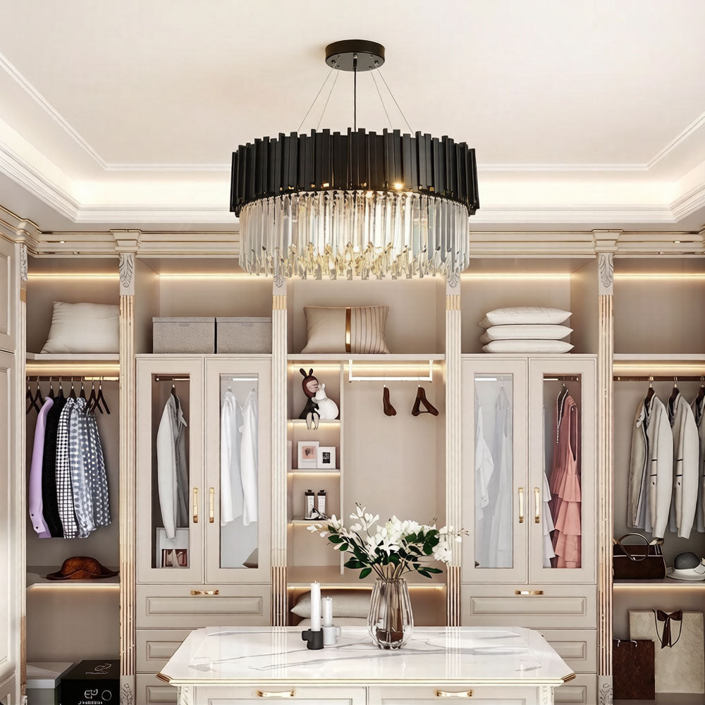 Luxury Modern Metal Crystal Chandelier - Matte Black Round Crystal Light in Walk-in Closet