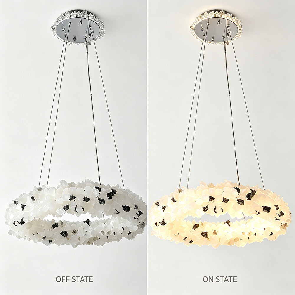 Luxury Round Crystal Ring Chandelier, off and on lighting state comparison picture, modern circular natural stone ring pendant light showing unlit and illuminated effect.