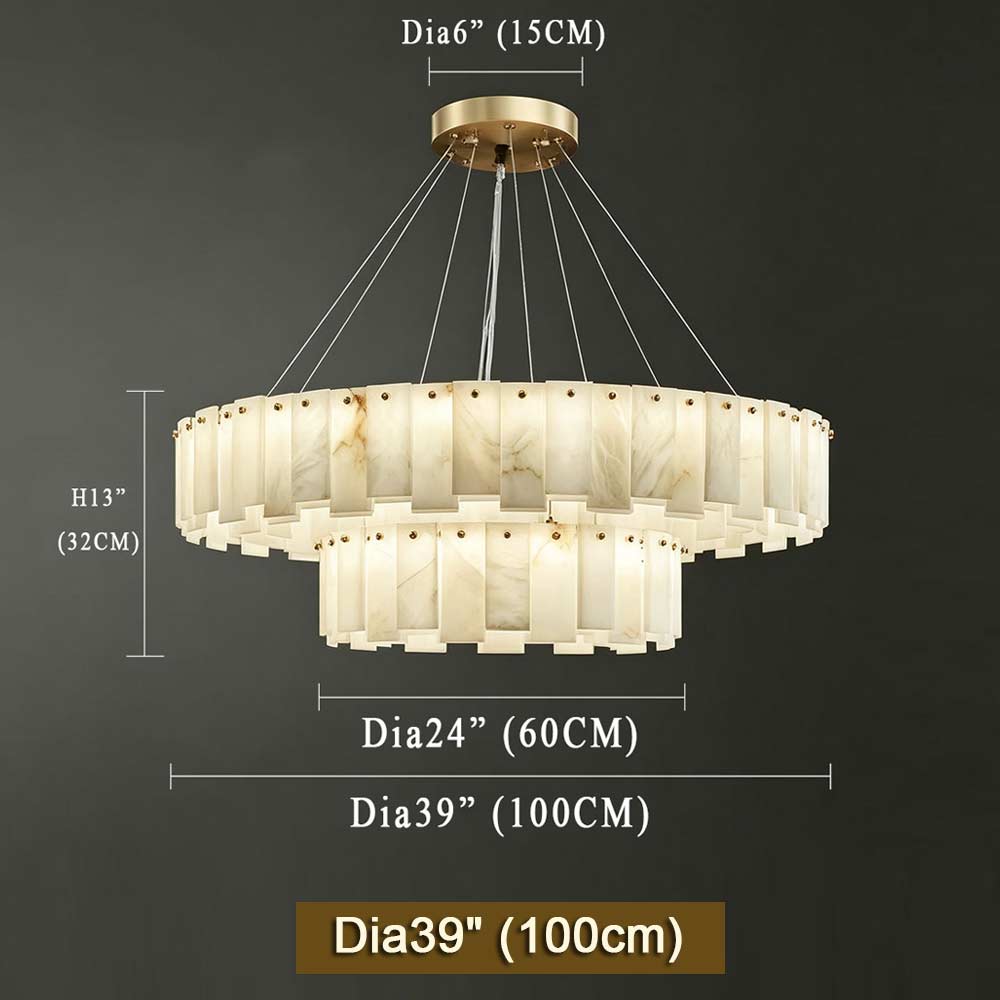 Double-Tier Round Marble Chandelier Combo Set, 24" + 39" Brushed Gold Pendant Light