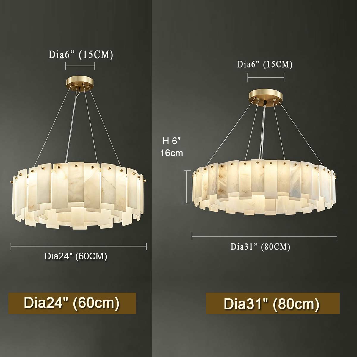 Round Marble Chandelier with Brushed Gold Frame, Warm LED Glow for Modern Entryway