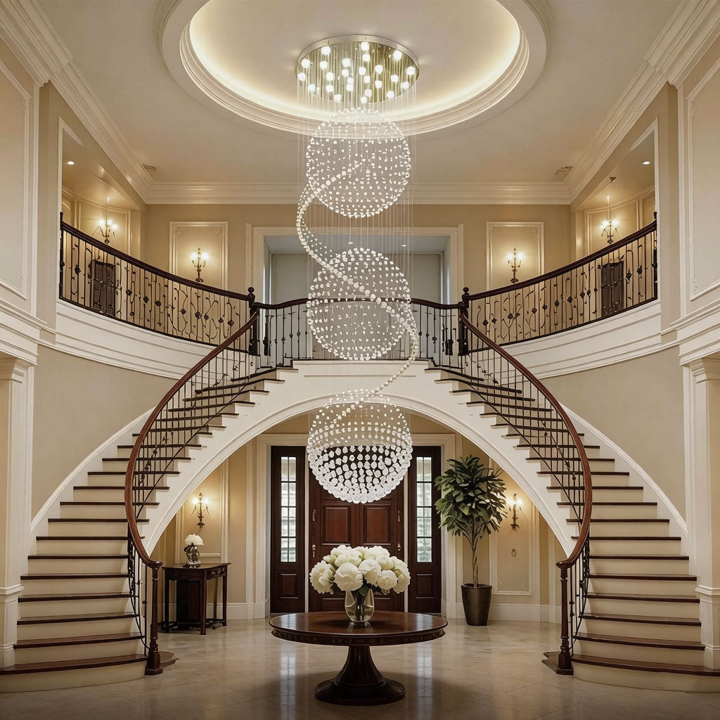 Luxury crystal spiral chandelier with K9 crystals in a grand double-height foyer