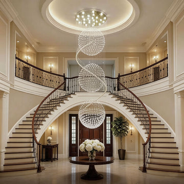 Luxury crystal spiral chandelier with K9 crystals in a grand double-height foyer