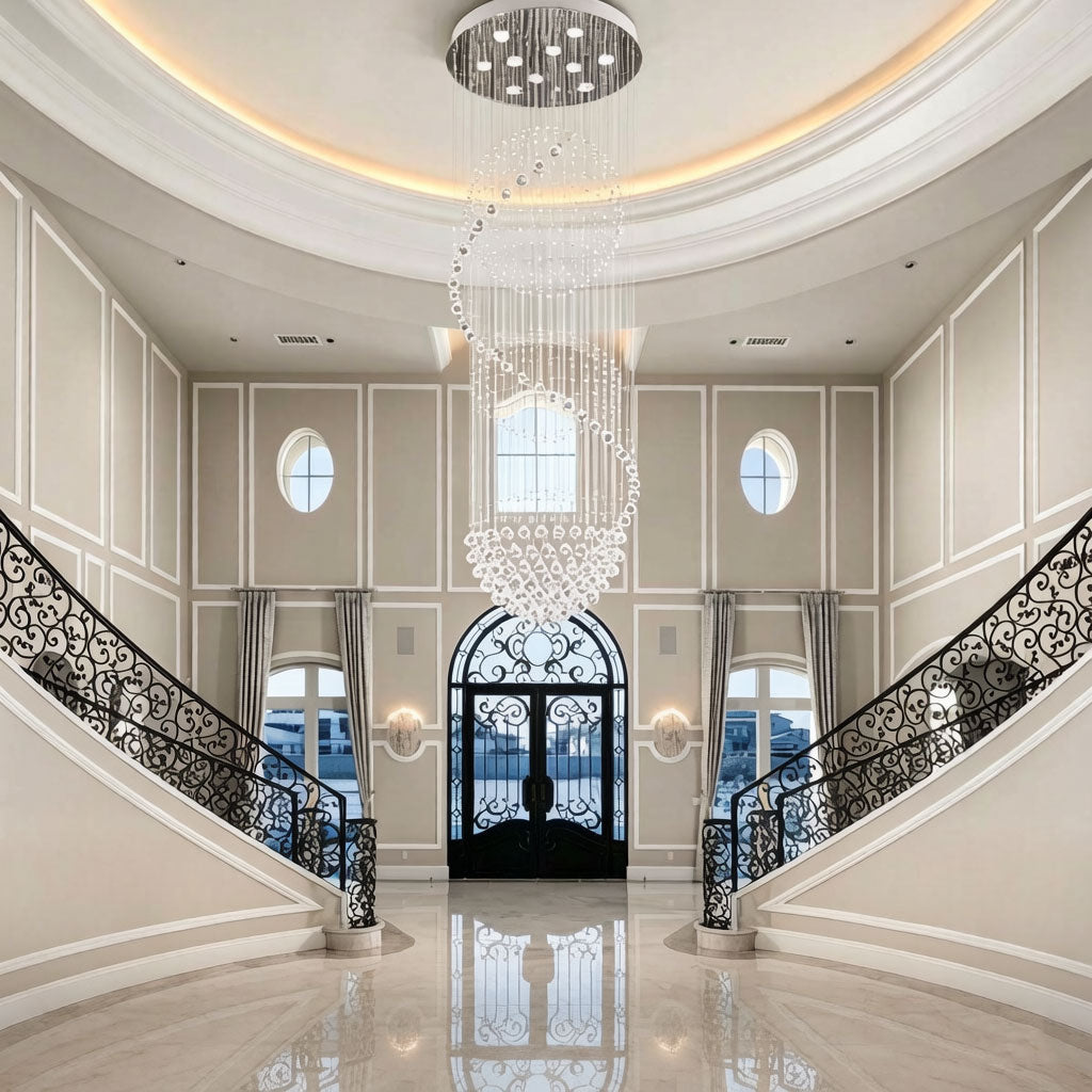 Crystal spiral chandelier with cool white LED option in a modern open-plan living room