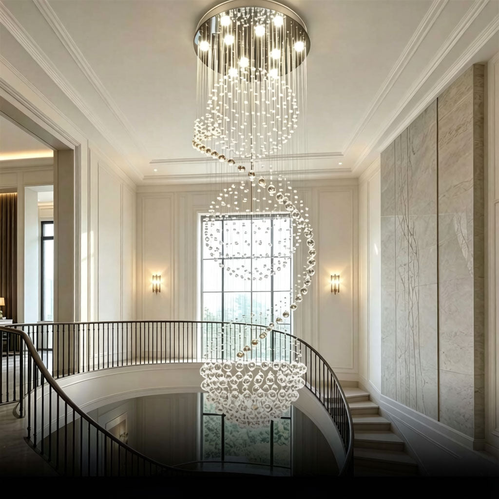 Luxury crystal chandelier with adjustable hanging length for vaulted ceiling installation